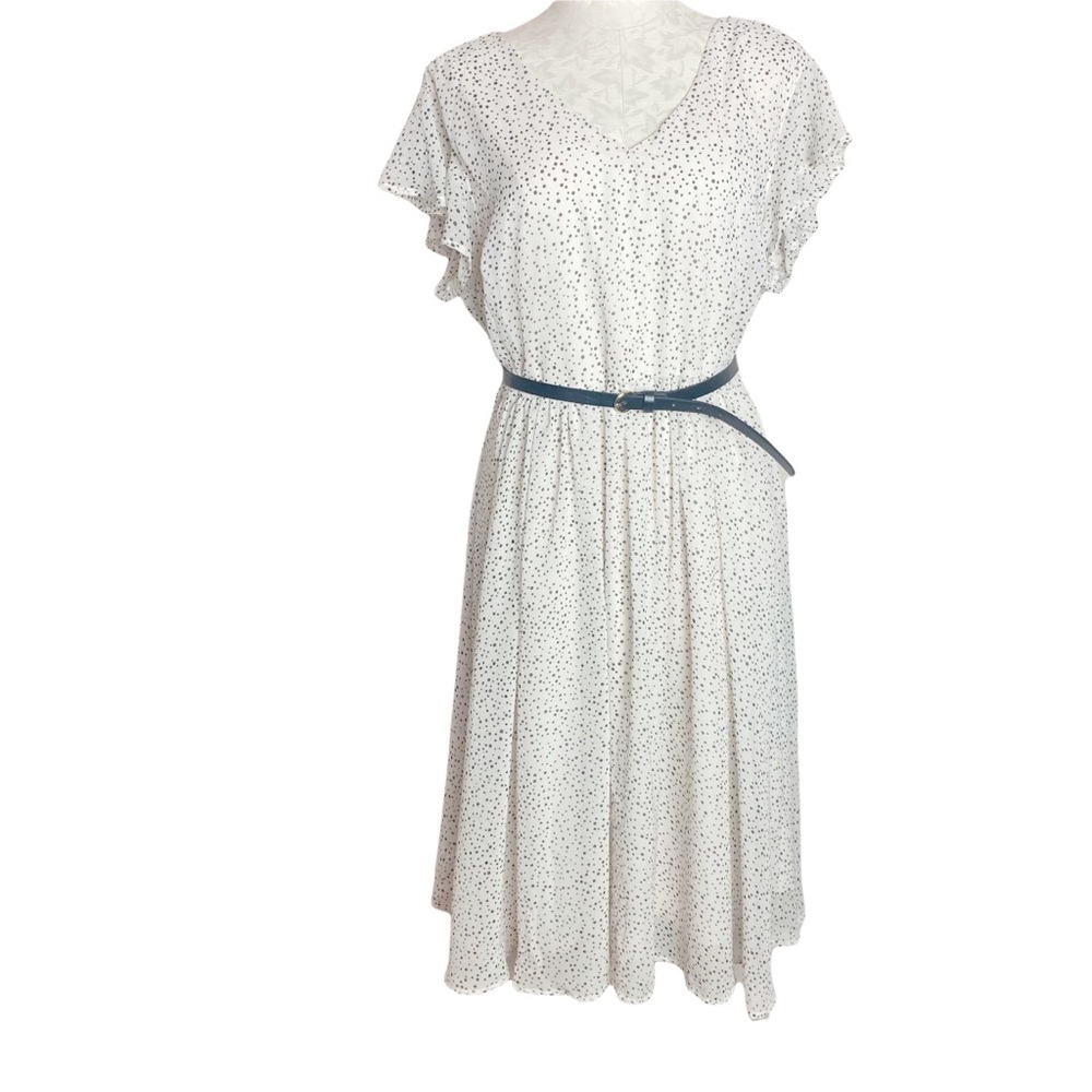 Ida Sjostedt Polka Dot Cap Sleeve Belted A-Line Midi Dress